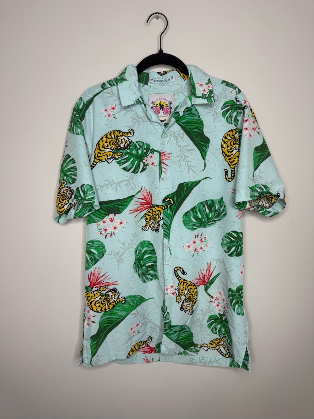 Good Vibes Tropical Tiger Print Short-Sleeve Shirt - Light Blue/Green
